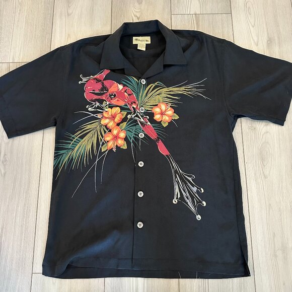The Frogman Clothing Co Silk Shirt S Black Red Frog Hibiscus Hawaiian Aloha - Picture 1 of 4
